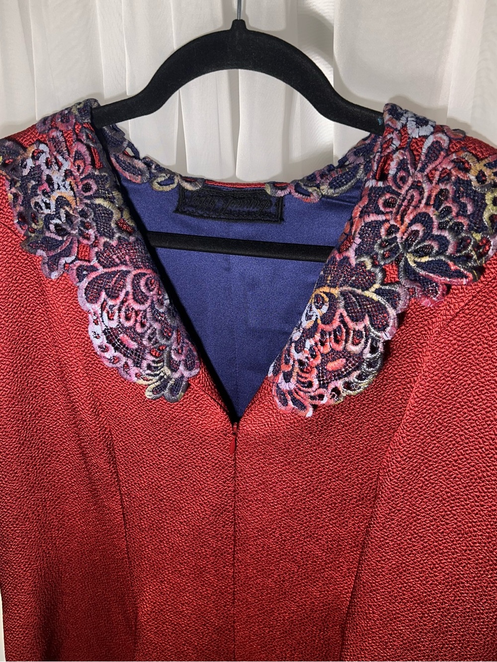 Peggy Jennings - Red & Purple Dress with Embroidered Multicolor Collar - Picture 5 of 12